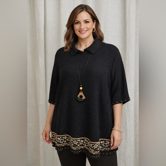 Alfred Dunner Tops - Alfred Dunner 3X Black Textured Knit Tunic Gold Embroidered Hem Plus Size Top